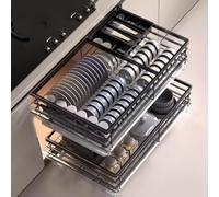 Panier de rangement coulissant en acier inoxydable avec bac de récupération, organiseur d'armoire coulissant avec guide d'amortissement, pour placard de cuisine, organiseur d'ustensiles de cuisine av