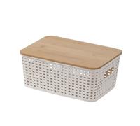 Panier de rangement décoratif en plastique tissé à la main Motif maille de construction Housse en bambou Gain d'espace Multi-usage Panier de rangement ménager
