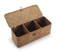 Panier de Rangement d'herbe de mer avec Couvercle, Panier de Réservoir de Toilette, Organisateur de Salle de Bain en Osier avec 3 Compartiments (33 x 13 x 11 cm)