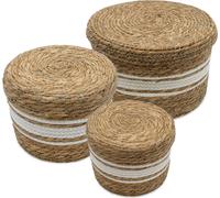 Panier de rangement en jonc de mer naturel Set de 3 - 30 / 25 / 21 cm - Set de paniers boho tressés avec couvercle