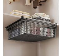 Panier de rangement en métal extractible sous étagère avec crochets, tiroir multifonctionnel pour vêtements, économie d'espace, organisateur de garde-robe en fer - Yooghuge