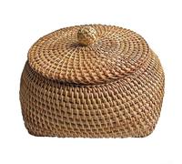 Panier de rangement en rotin naturel fabriqué à la main avec couvercle pour collations, fruits, bijoux, organisateur décoratif compact pour la maison, la cuisine, la chambre à coucher, 16 x 12 cm
