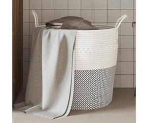 Panier de rangement gris blanc en coton Ø 43 x 38 cm avec poignées pliable polyvalent pour linge, jouets, couverture et serviette, boîte décorative pour salle de bain, cuisine, salon, couloir
