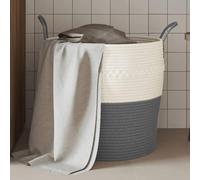 Panier de rangement gris blanc en coton et polyester Ø 43 x 38 cm avec poignées, pliable, organiseur polyvalent pour linge, jouets, couverture et serviette dans le salon, la chambre à coucher, la