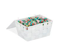 Panier de rangement, lot de 4, avec couvercle, aspect tressé, organiseur salle de bain, 10,5 x 19,5 x 14,5 cm, blanc