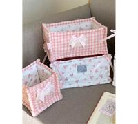 Panier de rangement pour la maison mignon à carreaux & floral, bac organisateur de bureau pliable, boîte de rangement en tissu grande capacité avec décoration de nœud, sac de maquillage Grande taille 