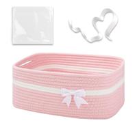 Panier de Rangement Tressé Rose avec Noeud,Grand Panier Cadeau Vide avec Sac Transparent et Ruban,Corbeille de Rangement avec Poignées pour Chambre, Salle de Bain,Organisateur Jouets,34x15x25 cm