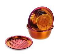 Panier de riz, panier de fruits Ensemble de passoires en acier inoxydable, 3 pièces, coupe-légumes, éplucheur de fruits, pommes de terre, râpe à carottes, passoire, ustensile rond, lave-riz,(Red)