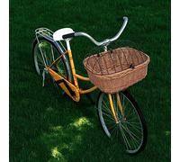 Panier de vélo avant avec couvercle en osier naturel - 50 x 45 x 35 cm - Panier de guidon stable pour animal de compagnie et transport amovible avec support en fer pour courses et porte-bagages
