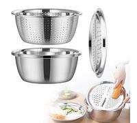 Panier de vidange en acier inoxydable - Coupe-légumes 3 en 1 - Bac en acier inoxydable - Râpe à fromage et à cerceaux - Râpe à gingembre - Mandoline à légumes - Salade - Bol pour salade et pâtes - Set