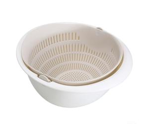 Panier égouttoir rotatif double couche avec section supérieure et bac inférieur pour laver, rincer et sécher les produits (beige)