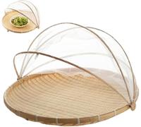 Panier en Bambou 30cm avec Filet Anti-Moustiques, Corbeille de Séchage Naturelle Tressée à la Main, Écumoire pour Fruits et Légumes, Rangement Cuisine Style Chinois