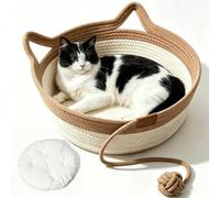 Panier En Corde Pour Chat, Panier-Lit Pour Chat Tissé à La Main Avec Coussin Coton, PoignéE Forme D'Oreille De Chat Et Jouet Corde De Coton, Convenant Aux Chats De Tous Poids (Kaki,L-Φ46 cm)
