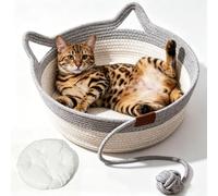 Panier En Corde Pour Chat, Panier-Lit Pour Chat Tissé à La Main Avec Coussin Coton, PoignéE Forme D'Oreille De Chat Et Jouet Corde De Coton, Convenant Aux Chats De Tous Poids (Gris,M-Φ40 cm)