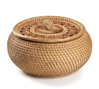 Panier en osier avec couvercle, panier à pain rond en rotin naturel de 9, 5x5, 1 pouces, récipient de rangement décoratif tissé pour la cuisine, le salon, pain avec couvercle