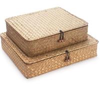 Panier en Osier avec Couvercle, Panier de Rangement en Seagrass, Boîte Rangement Décorative Tissée pour Table, étagère dans le Salon, Salle de Bain, Chambre, Naturel