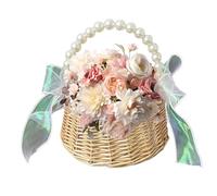 Panier en osier avec poignée en perles - Roseau, soie, | Pétales de rose en soie artificielle, rangement de bonbons pétales, panier de demoiselle d'honneur, décor de mariage, poignée de perles