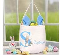 Panier Paques Enfant Personnalisé Sac Paques Enfant avec Nom pour Garçons et Filles Activité Paques Enfant Sac à œufs Chasse aux œufs Parade Pâques Histoire Pâques Sac à Main en Lin Pratique (Bleu)