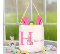 Panier Paques Enfant Personnalisé Sac Paques Enfant avec Nom pour Garçons et Filles Activité Paques Enfant Sac à œufs Chasse aux œufs Parade Pâques Histoire Pâques Sac à Main en Lin Pratique (Rose)