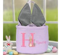Panier Paques Enfant Personnalisé Sac Paques Enfant avec Nom pour Garçons et Filles Activité Paques Enfant Sac à œufs Parade Pâques Chasse aux œufs Histoire Pâques Mignon Sac à Main à Rayures (Violet)