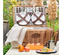 Les Jardins de la Comtesse - Panier Pique-Nique Concorde en Osier - 6 Personnes/Glacière Isotherme/Assiettes/Verres à Vin/Timbales en Aluminium - Tissu Couleur Blanc et Gris - 50 x 35 x 26 cm