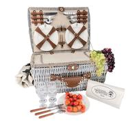 Les Jardins de la Comtesse - Panier Pique-Nique Angers 4 Personnes - Compartiment Glacière Isotherme - Complet/Assiettes en Céramique et Verres à Vin en Verre - Tissu Beige - 46 x 26 x 18 cm