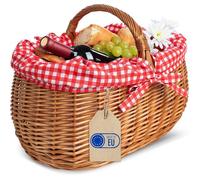 Creative Home Grand Panier de Pique-Nique avec Bordure à Carreaux Rouges | Panier en Osier avec Poignée | 45 x 32 x 34 cm (+/- 2 cm) | Grand et léger | Brun Naturel | Tressé à la Main | Universel