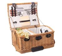 Les Jardins de la Comtesse - Panier Picnic Gisors en Osier Couleur Miel - 4 Personnes/Compartiment Isotherme et Assiettes en Céramique - Verres à Vin en Verre - Tissu Couleur Crème - 48 x 36 x 27 cm