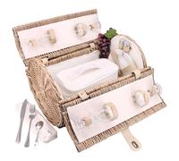 Les Jardins de la Comtesse - Panier Pique-Nique Rond Opéra - 4 Personnes - avec Vaisselle Complète et Glacière Isotherme Amovible - Osier Naturel Tressé à la Main - Tissu Beige - 47 x 30 x 30 cm