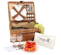 Les Jardins de la Comtesse - Petit Panier Pique-Nique Saint Michel en Osier - Complet pour 2 Personnes - Assiettes en Porcelaine et Verres à Vin en Verre - Tissu Couleur Beige - 38 x 28 x 18 cm