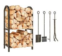 Panier Porte Buches Range-bûches d'intérieur 43x30x74 cm 2 niveaux avec 4 accessoires cheminée + crochets