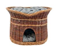 Panier pour Chat en Osier - Niche d'Intérieur Ovale Taille L 60 cm - Lit à Deux Étages avec Coussin Lavable Gris - Pour Chats et Chiens