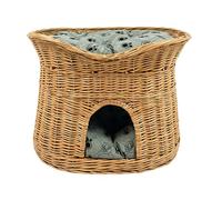 Panier pour Chat en Osier - Niche d'Intérieur Ovale Taille L 60 cm - Lit à Deux Étages pour Chiens - Coussin Lavable Gris - Couleur Naturelle