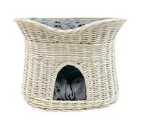 Panier pour chat pour dormir - Niche d'intérieur pour chat - Taille L : 60 cm ovale - Niche pour chat en osier - Chiens à deux étages - Lit pour chat avec coussin lavable gris - Panier blanc