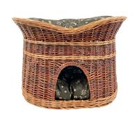 Panier pour Chat XL 70 cm Ovale - Niche d'Intérieur en Osier à Deux Étages - Lit avec Coussin Lavable Marron Foncé - Laqué