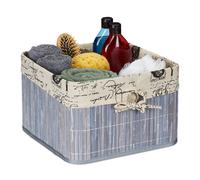 Relaxdays Panier de Rangement, Lot de 3, Bambou et Polyester, HLP : 20x31x31 cm, Corbeille à poignée, boîte d’étagère, Gris/crème