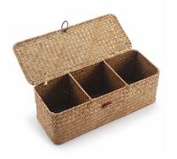 Panier Rangement Jonc de Mer avec Couvercle Rectangulaires Malle en Osier avec Compartiment pour Organiser des Jouets de Collation