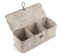 Panier Rangement Jonc de Mer avec Couvercle Rectangulaires Malle en Osier avec Compartiment pour Organiser des Jouets de Collation en Papier Toilette Blanchir