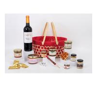 Panier Saveurs - Panier gourmand 15 éléments - Corbeille en osier et tissus rouge - Coffret Cadeau Festif et Raffiné