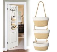 Panier suspendu à 3 niveaux en coton tressé - Panier suspendu au-dessus de la porte ou au mur - Panier de rangement suspendu en corde pour chambre à coucher, salle de bain et couloir
