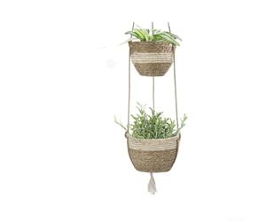 Panier suspendu d'intérieur avec technique tissée traditionnelle utilisant des fibres végétales pour un langage visuel constant et une utilité fonctionnelle (beige)