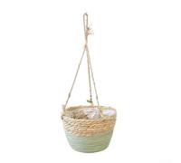 Panier suspendu optimisé pour plantes d'intérieur et d'extérieur fabriqué à partir de paille naturelle tissée et de corde de chanvre (vert)