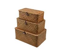 Panier Tressé Panier de Rangement en Osier avec Couvercles Jonc de Mer Buanderie Rotin Organisateur Boîte pour Salle de Bain Salon Cuisine