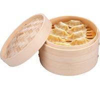 Panier vapeur en bambou Panier vapeur à 2 étages - 20 x 13,5 cm - 100 % bambou - Cuisson à la vapeur au-dessus d'une casserole - Convient pour les raviolis, les légumes, le riz et autres - avec couver