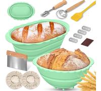 Paniers à pain Pliables en Silicone, Lot de 2 Banneton pour Pain Rond Ovale, Kit de Démarrage pour le Levain Avec Fouet à Pâte, Grattoir, Brosse de Nettoyage Pour Lame à Pain
