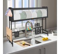 Paniers à vaisselle Égouttoir avec porte anti-poussière Étagère de cuisine Évier avec crochet&porte-couteaux&porte-planche à découper 65x28x77cm Noir