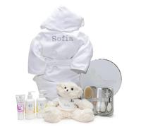 Paniers cosmétiques naturels brodés avec le nom | Set avec tout ce dont vous avez besoin pour le soin et le bain du bébé (cosmétique + trousse + peignoir + ours), blanc, taille unique | BebeDeParis