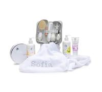 Paniers cosmétiques naturels brodés avec le nom | Set trousse avec tout le nécessaire pour le soin et le bain du bébé (cosmétique + trousse + mousseline) | BebeDeParis