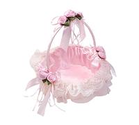 Paniers de Fille de Fleur Rose pour Mariage Ensemble de 2 Paniers de Fleurs en Dentelle Romantique avec Poignée et Ruban Panier de Fleurs en Satin élégant pour Fournitures de Fête de Mariage(Rose)