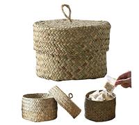 Paniers de rangement en jonc de mer, petite boîte rangement ronde en paille avec poignée et couvercle, panier en osier, organisation la maison pour clés collation, décoration bureau